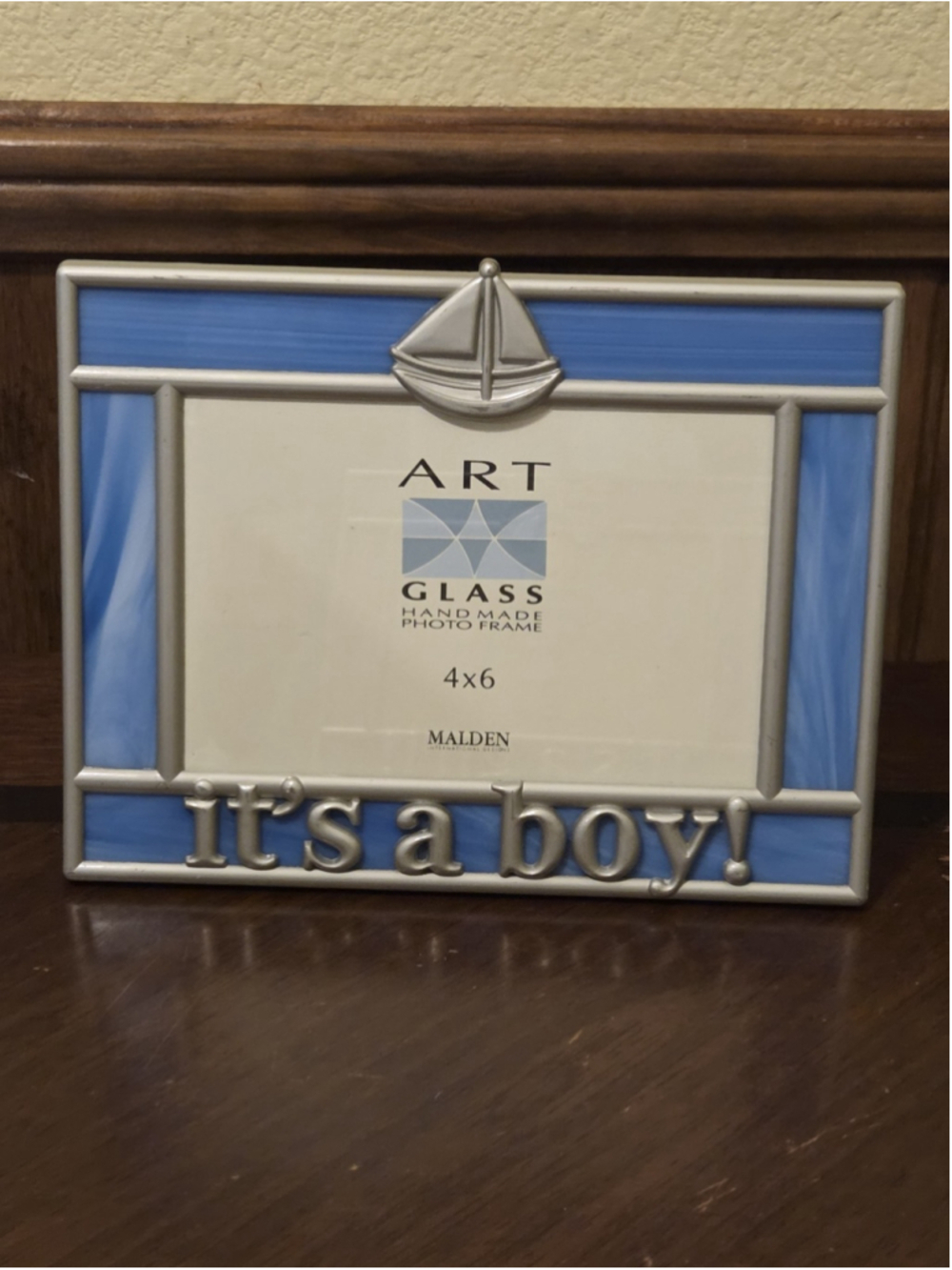 Vintage 2000s Malden "It's a Boy" Stained Glass Metal Photo Frame Sailboat 4x6